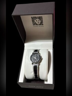 Anne Klein Black and Silver Bangle Watch with Crystal Trim